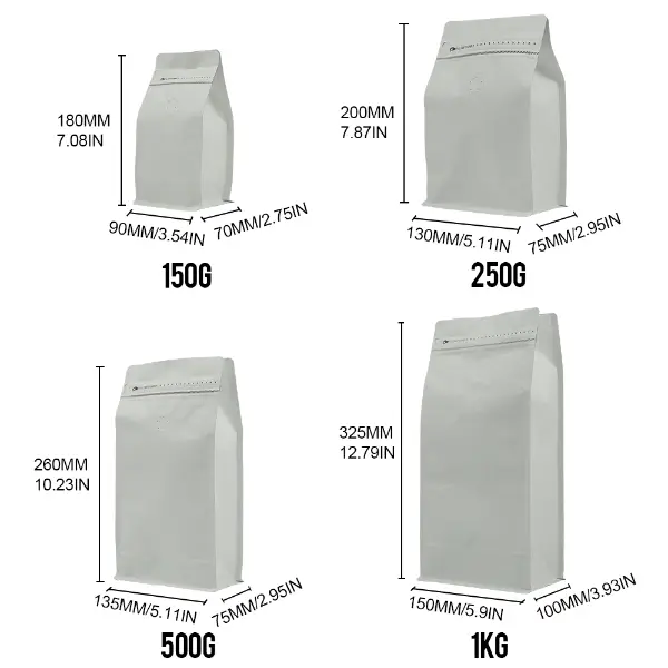 150G 250g 500g 1kg tabella delle dimensioni delle buste da caffè stock
