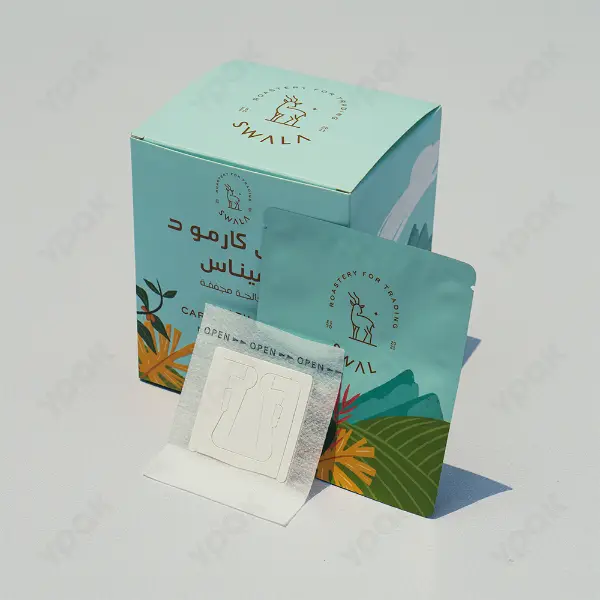 Biodegradable drip coffee filter bags with colorful outer box packaging