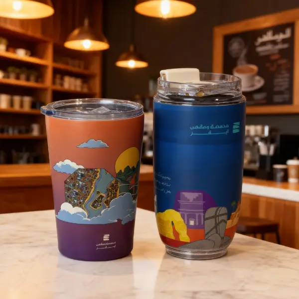 Tazza a vuoto personalizzata con coperchio trasparente e design stampato per marchi di caffè
