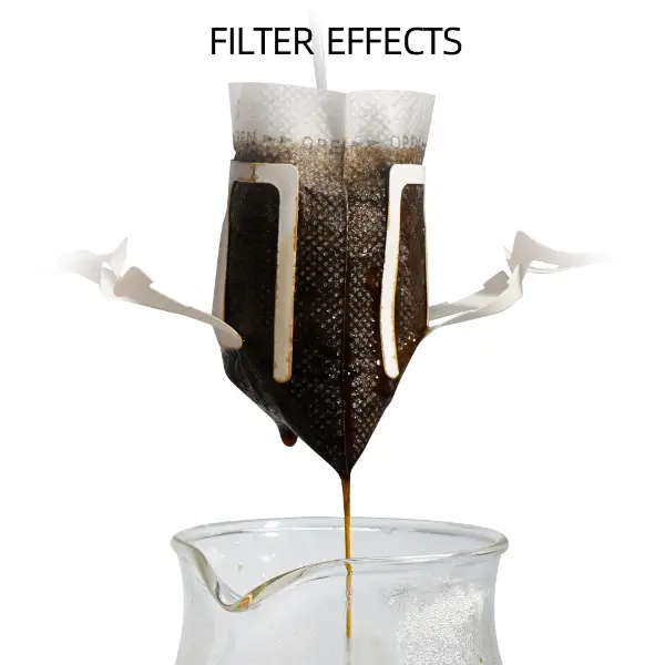 Brewing demonstration showing biodegradable drip filter bag extraction