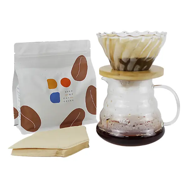 Versare sopra l'estrazione del caffè usando carta filtro V60 a ventola