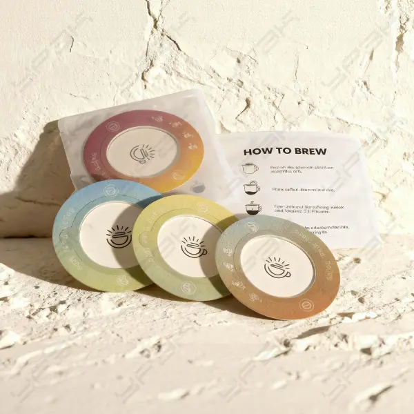 Flat pouch for drip coffee filter with colorful UFO discs