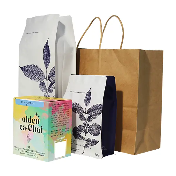 Vista interna delle buste regalo in carta kraft XL che mostrano una grande capacità interna per i prodotti del caffè