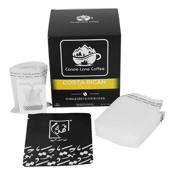 Complete set of single-serve drip coffee filters with box and packaging