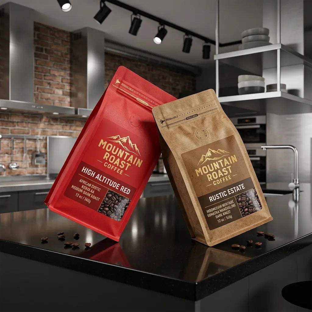 due sacchetti di caffè stampati in stile scatola