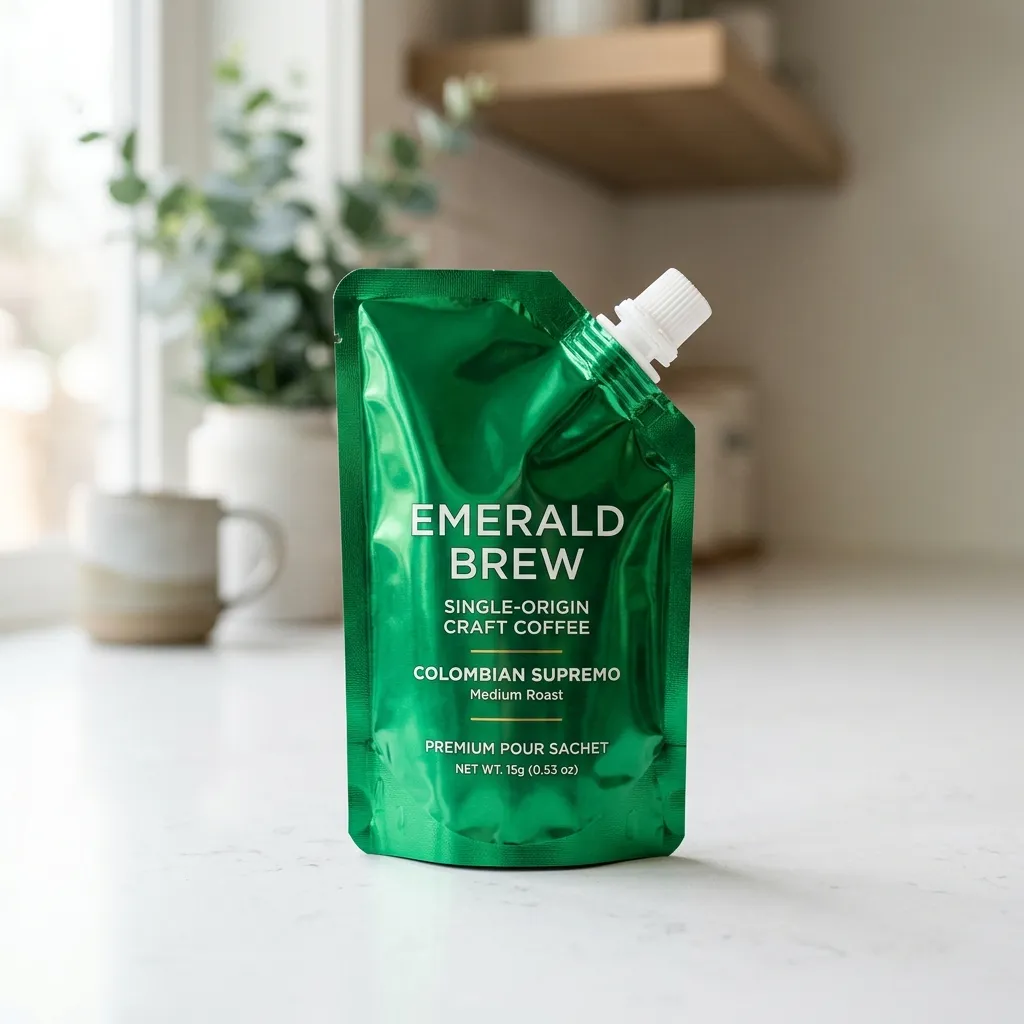 Un Green_coffee_sachet_on_countertop