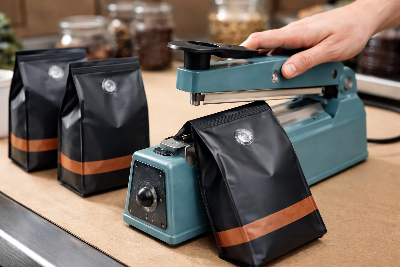 Macchina per la chiusura delle buste per imballaggio del caffè